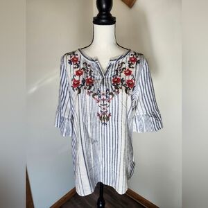 Westport Boho Blue and White Striped Shirt with Floral Embroidery